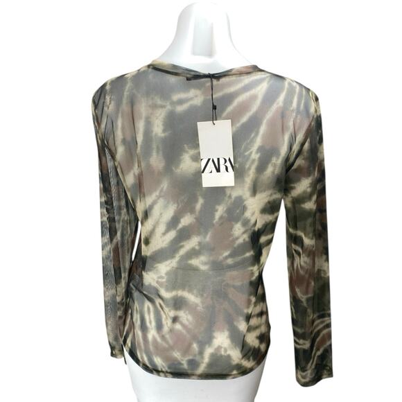 NEW Zara Multicolor Tie Dye Mesh Crewneck Long Sleeve Sheer Shirt Cover Up Top L - Picture 2 of 4